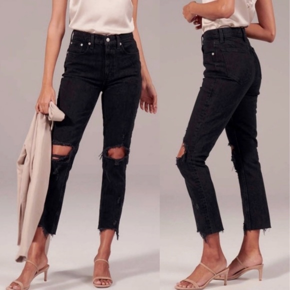 A&F Mom High Rise 28 Regular Destroyed Washed Black - Picture 1 of 7